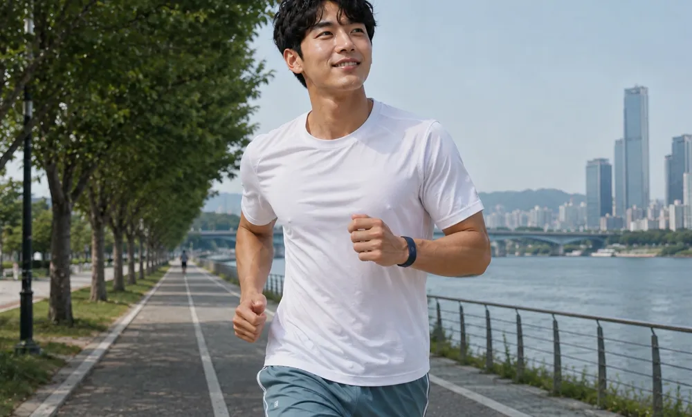 한강변에서 러닝하며 나라사랑터치 밴드를 착용한 20대 남성